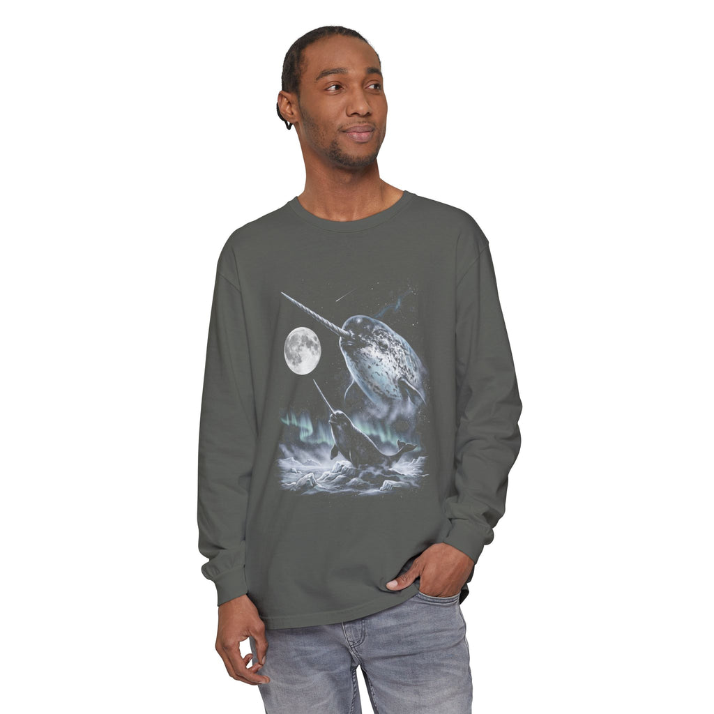 Retro airbrushed narwhal howling at the moon in silver, ash grey and pale ice blue against black.