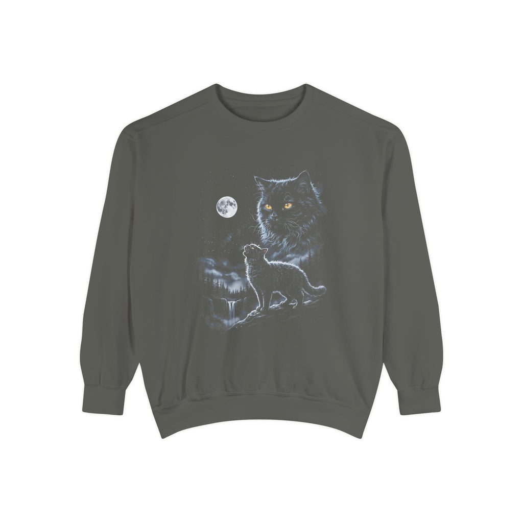 Airbrush-style art of a shaggy, disheveled selkirk rex cat howling at a cold white moon, monochrome on black.