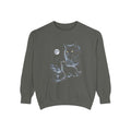 Airbrush-style art of a shaggy, disheveled selkirk rex cat howling at a cold white moon, monochrome on black.