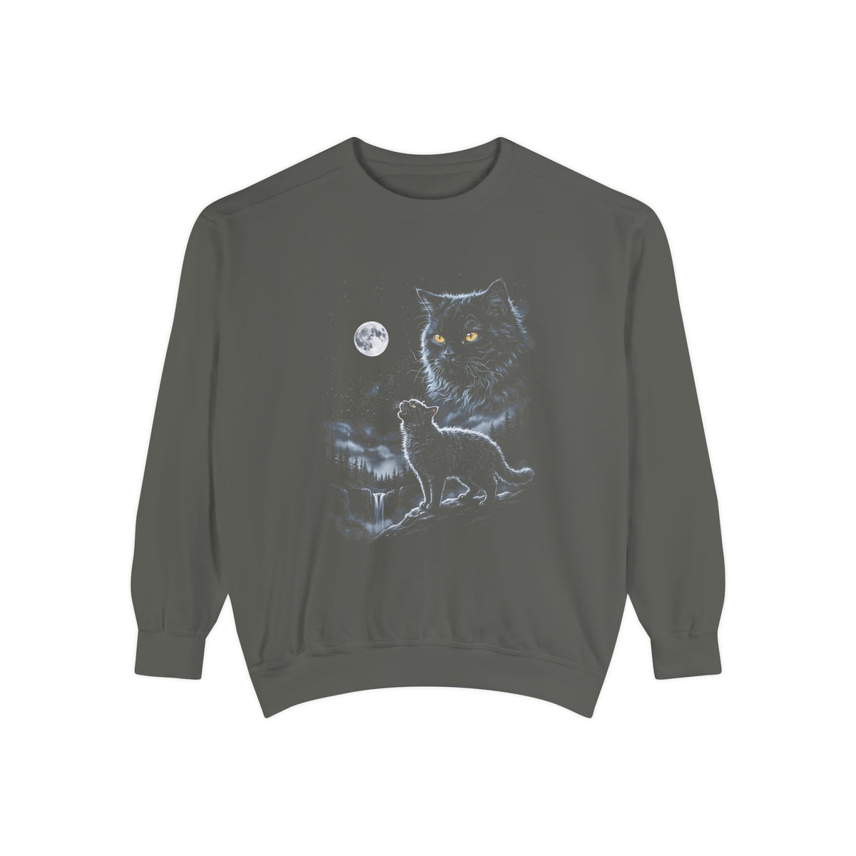 Airbrush-style art of a shaggy, disheveled selkirk rex cat howling at a cold white moon, monochrome on black.