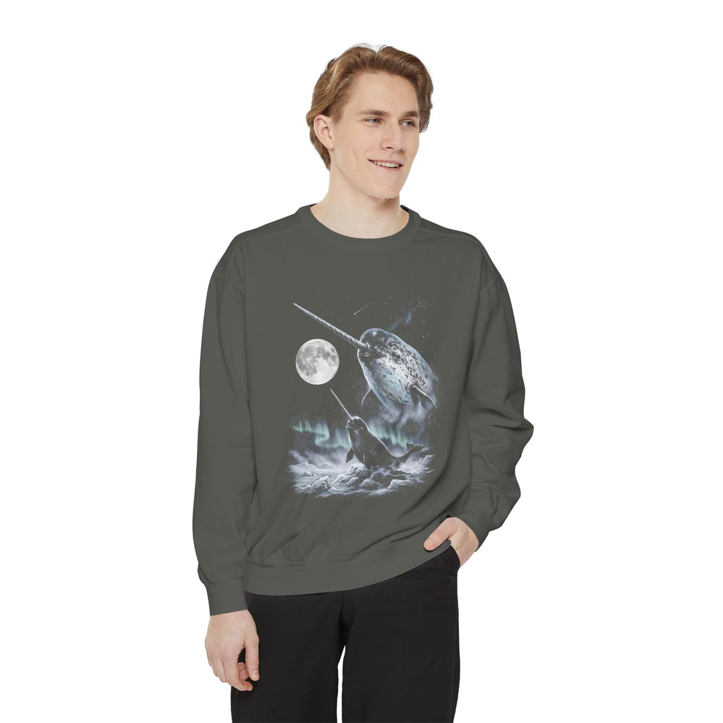 Airbrushed narwhal howling at a pale moon, cold monochrome 1990s nature-tee art on black.