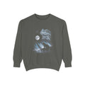 Airbrushed 1990s-style art of a frog howling at a cold white moon, in ash grey and ice blue on black.