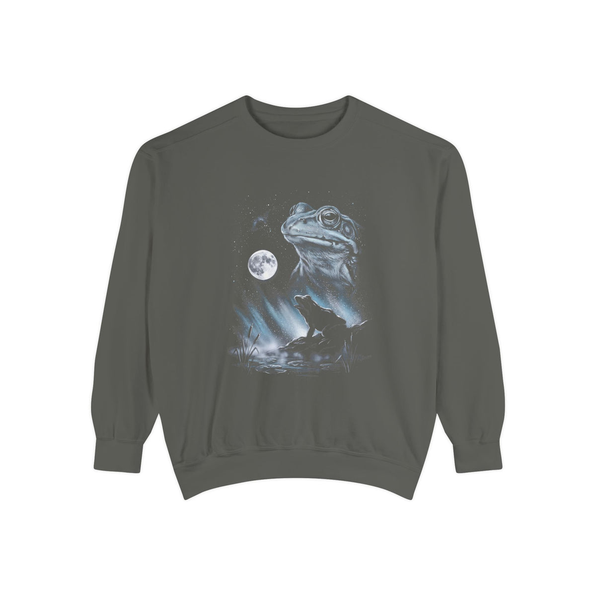 Airbrushed 1990s-style art of a frog howling at a cold white moon, in ash grey and ice blue on black.