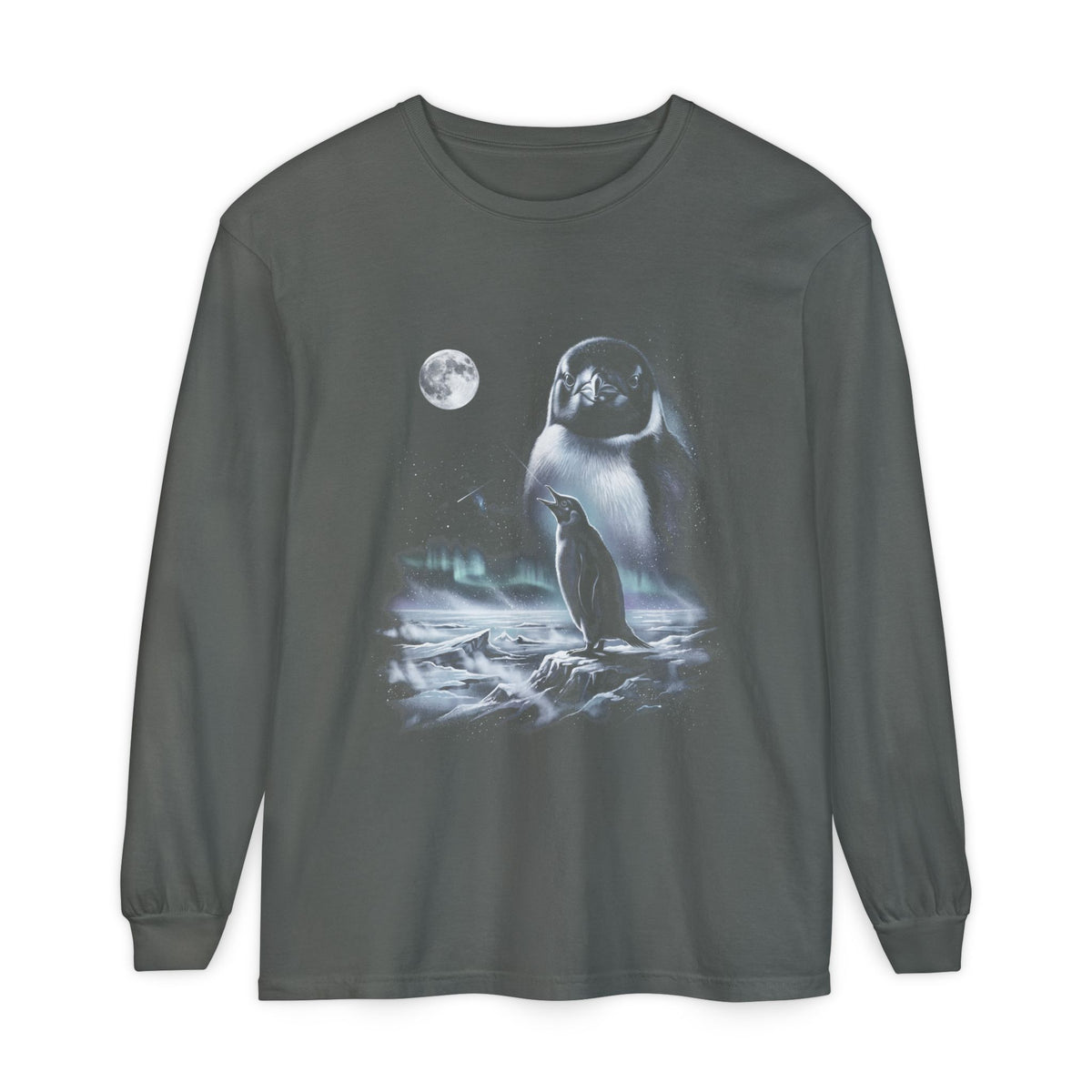 Black-and-white airbrushed penguin howling at a cold moon, styled like a 1990s wolf nature tee.