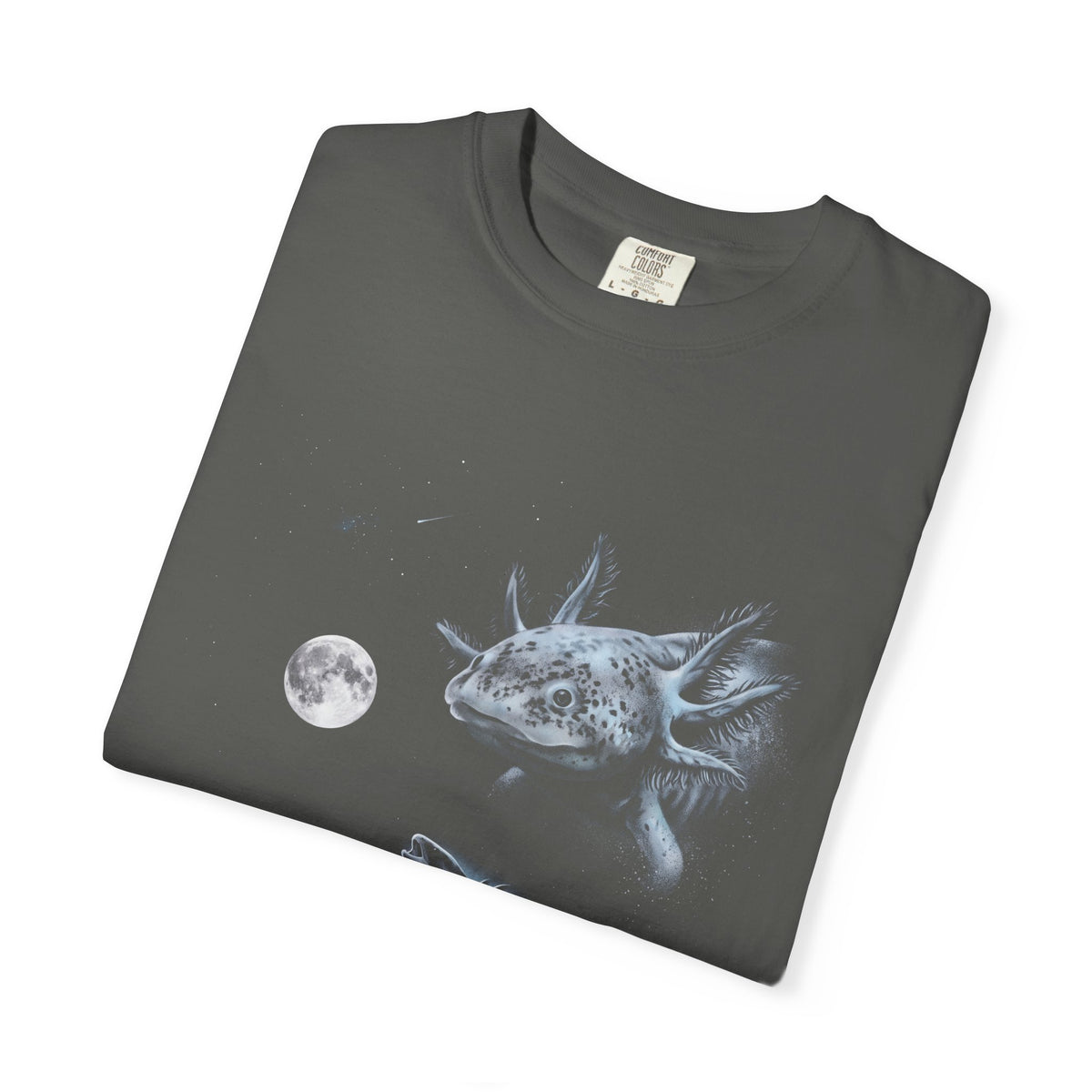 Airbrush-style illustration of an axolotl howling at a pale moon, in cold moonlit greys and blues on black.