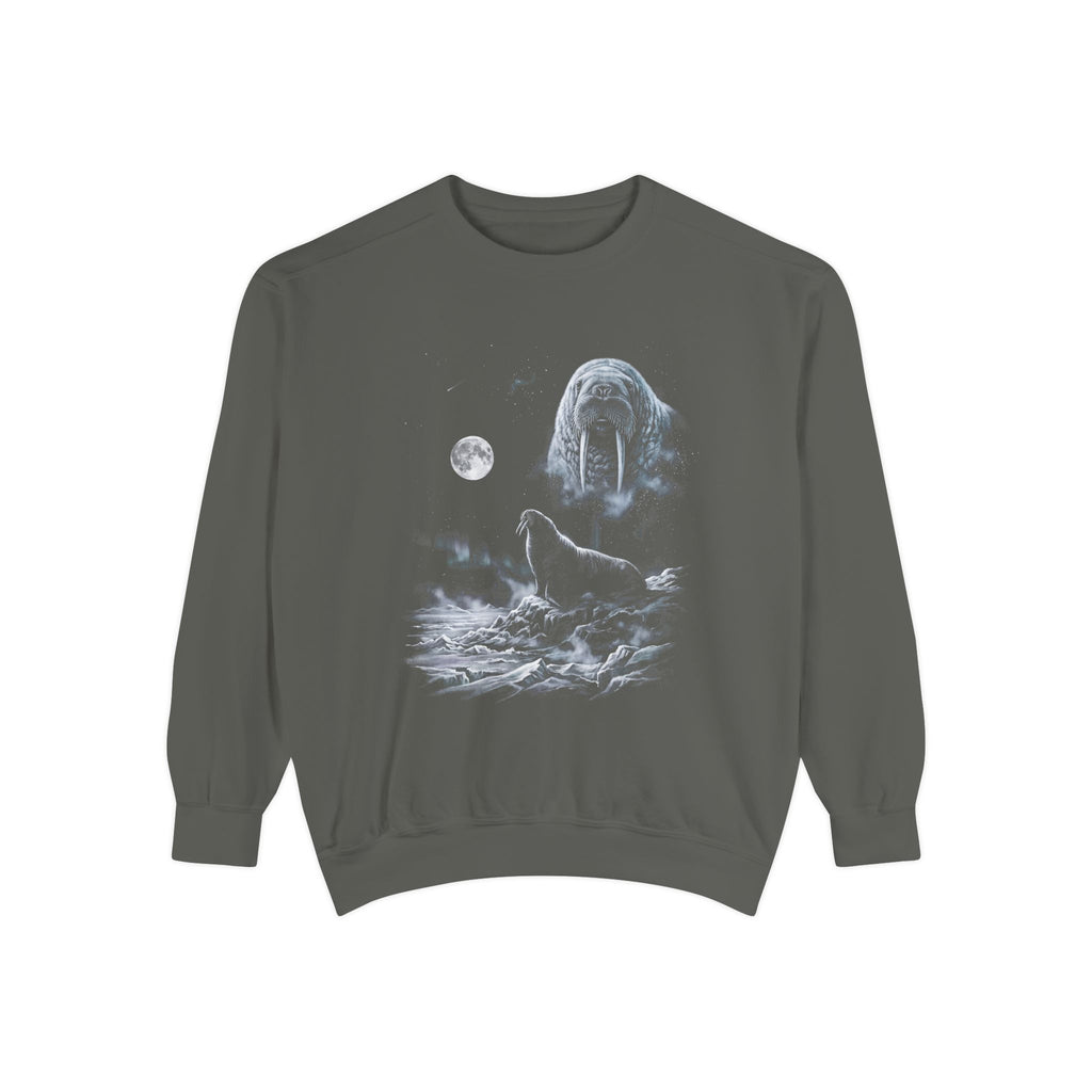 Airbrushed black-and-white illustration of a tusked walrus howling at a pale moon in cold moonlight tones.