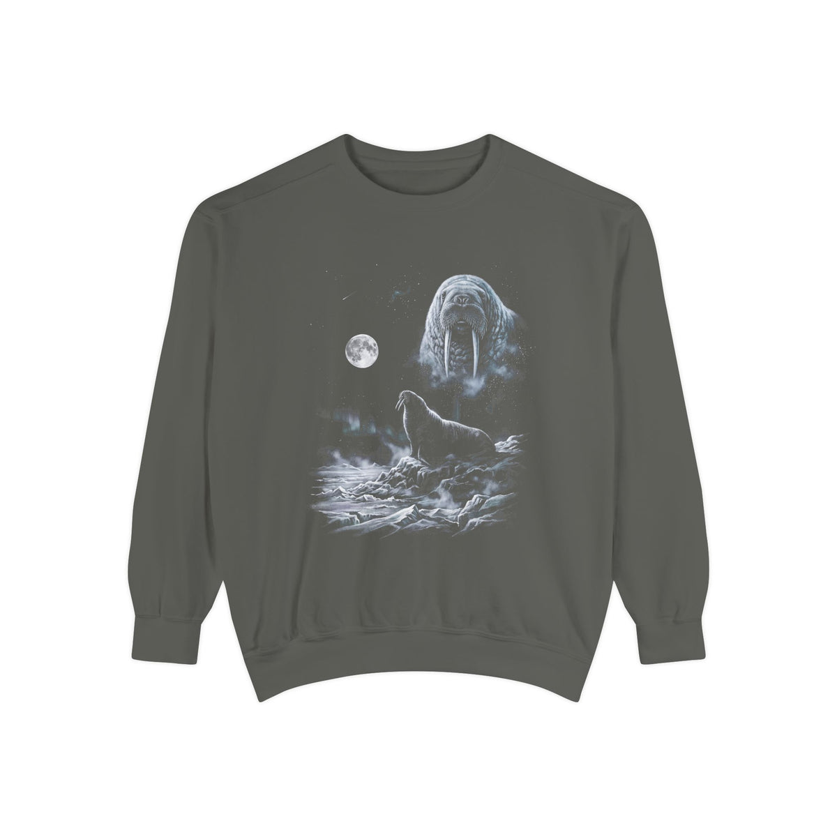 Airbrushed black-and-white illustration of a tusked walrus howling at a pale moon in cold moonlight tones.