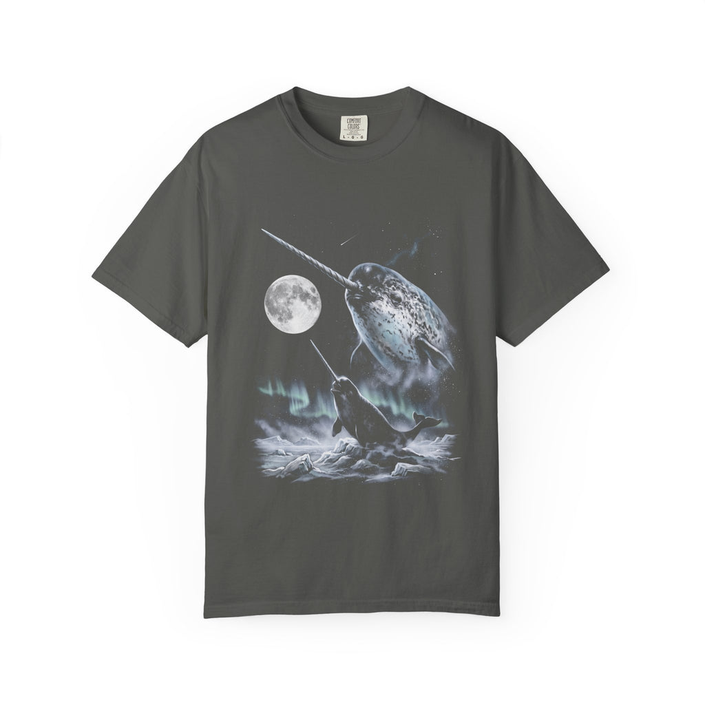 Airbrushed 1990s-style narwhal howling at the moon in cold monochrome blues and greys on black tee.
