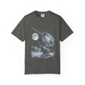 Airbrushed 1990s-style narwhal howling at the moon in cold monochrome blues and greys on black tee.