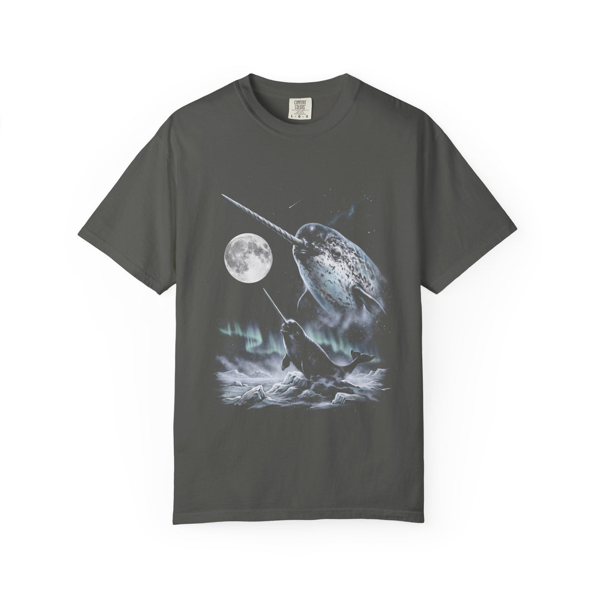 Airbrushed 1990s-style narwhal howling at the moon in cold monochrome blues and greys on black tee.