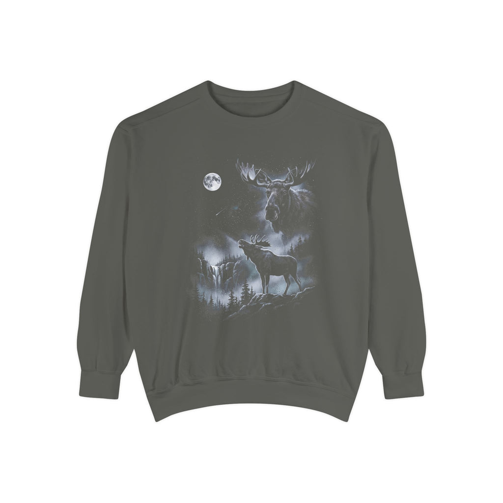 Airbrushed 1990s-style art of a moose howling at the moon in cold white, silver, and ice-blue tones on black.