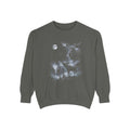 Airbrushed 1990s-style art of a moose howling at the moon in cold white, silver, and ice-blue tones on black.