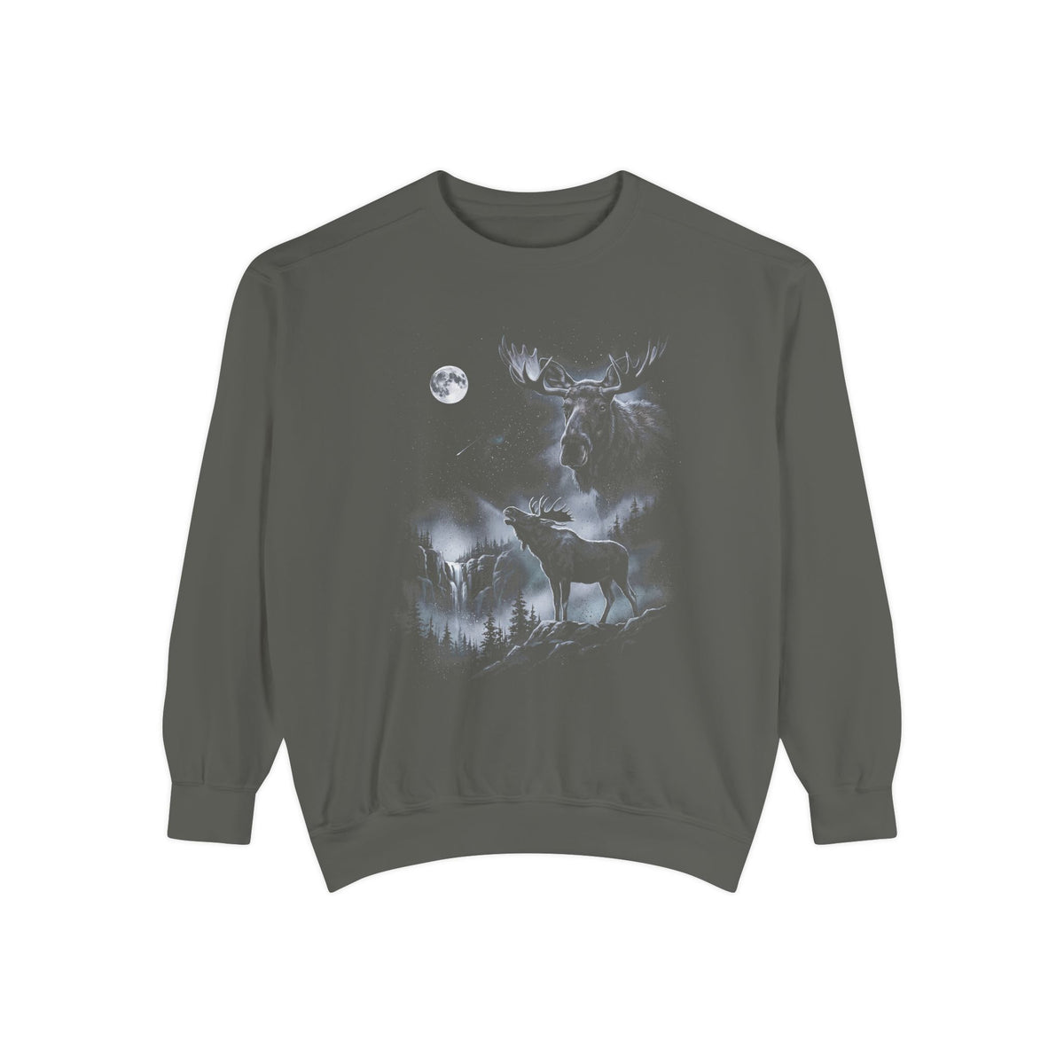 Airbrushed 1990s-style art of a moose howling at the moon in cold white, silver, and ice-blue tones on black.