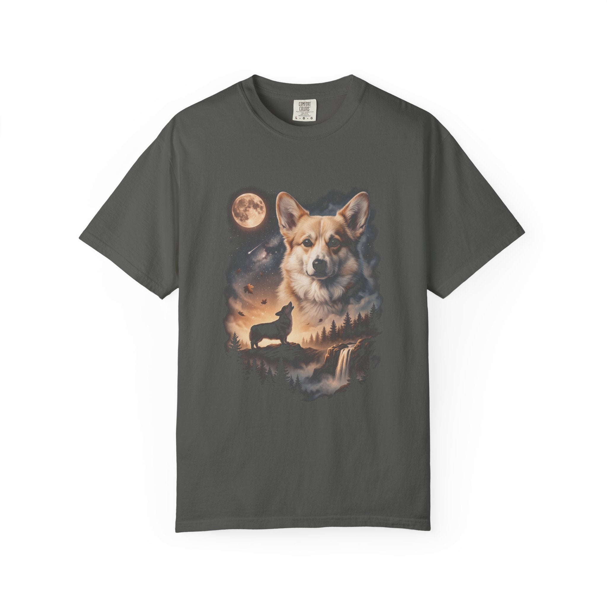 Dark tee with cream and gold double-exposure art of a corgi howling at a full moon over misty hills