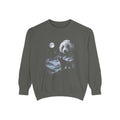 Airbrushed 1990s-style art of a panda howling at the moon in cold white and silver tones on black.