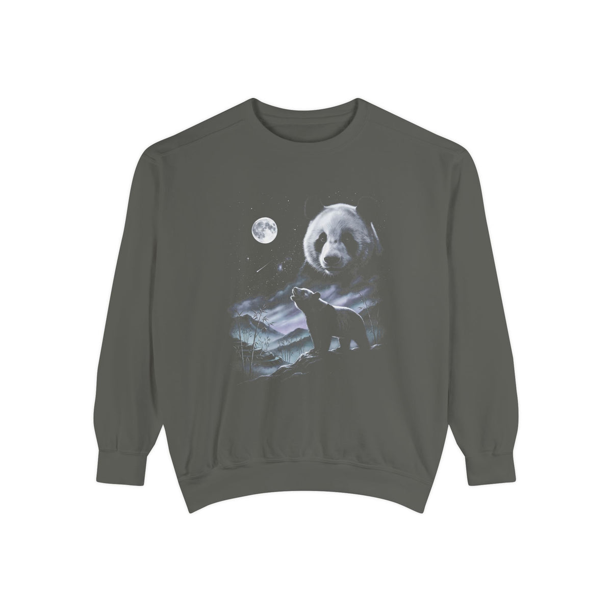Airbrushed 1990s-style art of a panda howling at the moon in cold white and silver tones on black.