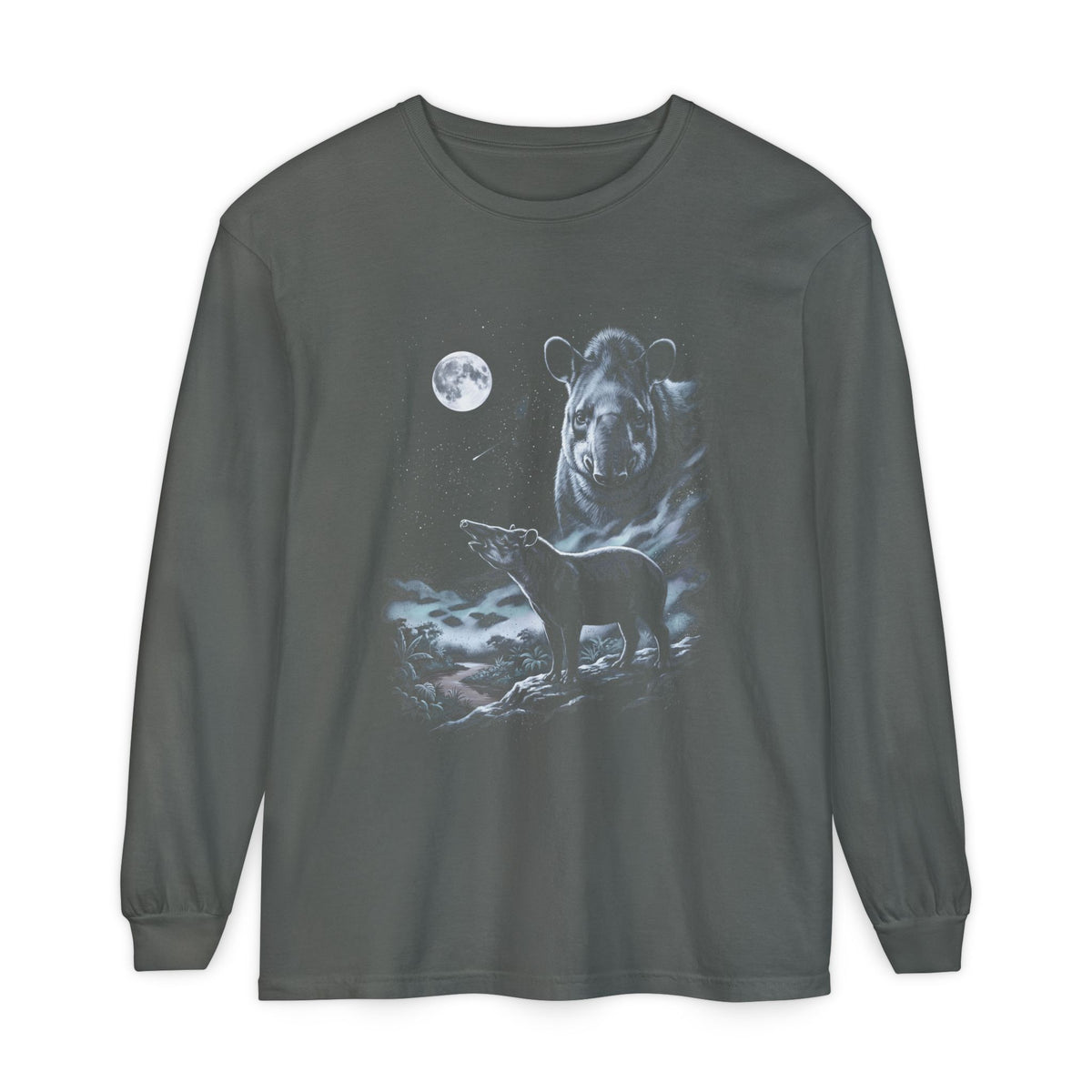 Airbrushed tapir howling at a full moon in cold white, silver and ice-blue tones against black, 90s nature-tee style.