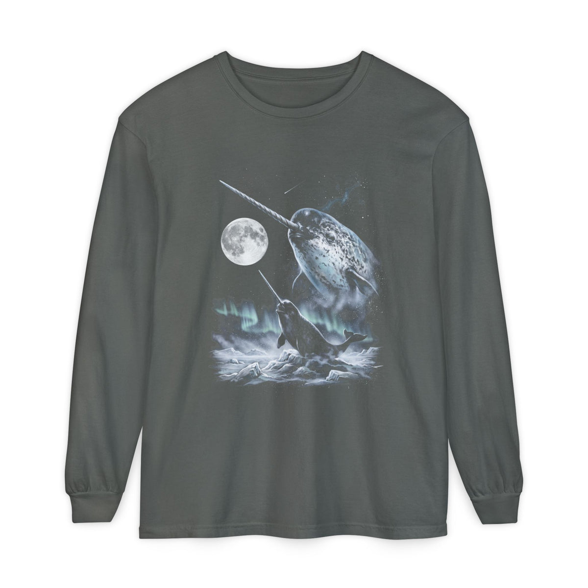 Retro airbrushed narwhal howling at the moon in silver, ash grey and pale ice blue against black.