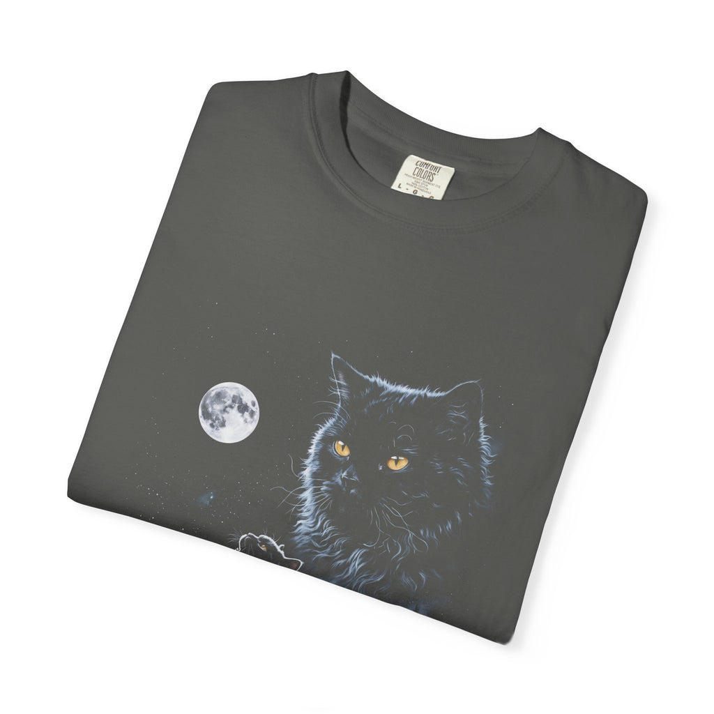 Airbrushed selkirk rex with matted curly fur howling at the moon in cold monochrome moonlight, retro 90s nature-tee style.