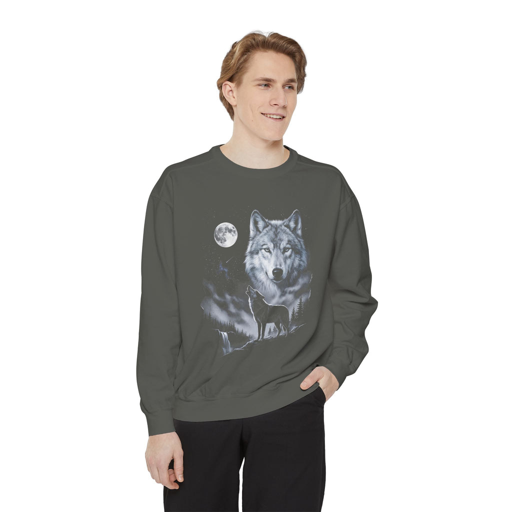 Airbrushed wolf howling at a cold moon in ice-blue, silver and violet on black, 1990s nature-tee style.