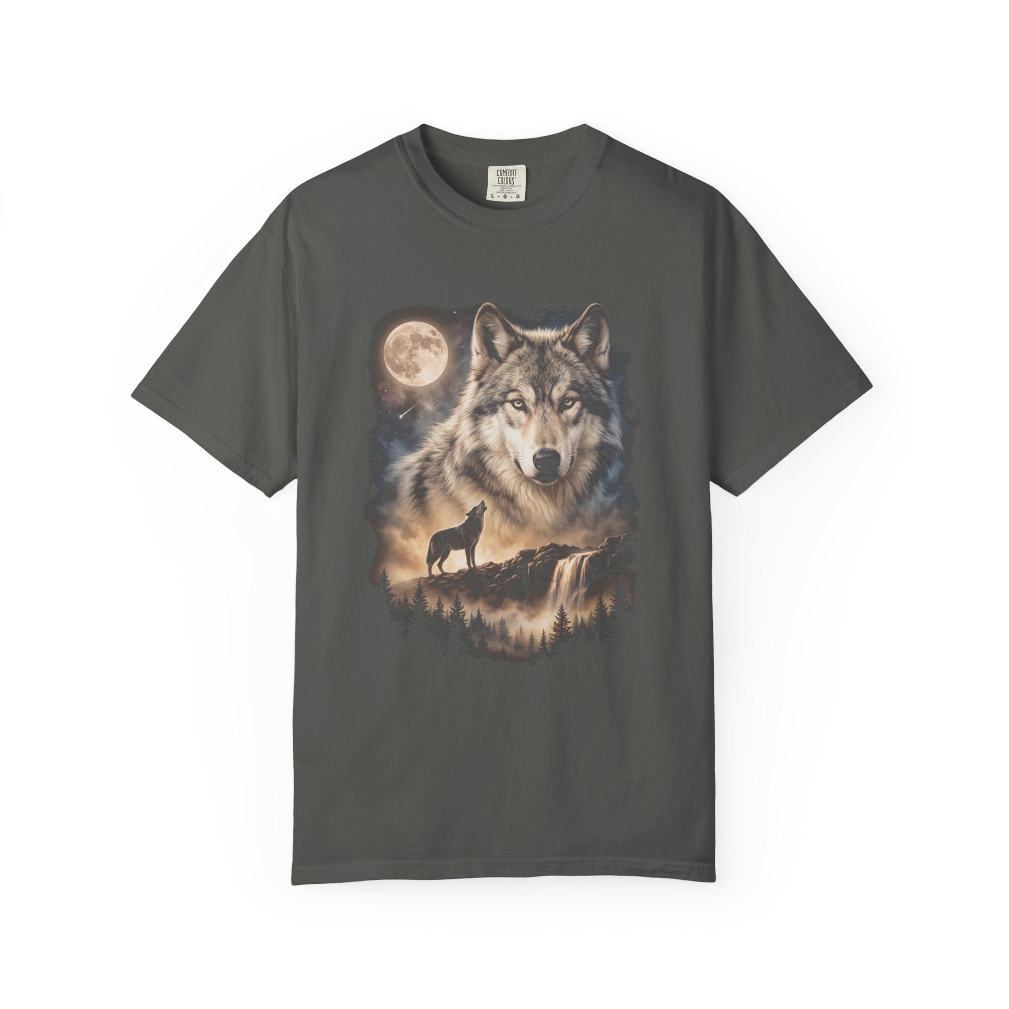 Dark t-shirt with airbrushed double-exposure wolf portrait above a wolf howling at a full moon over misty hills