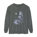 Airbrushed unicorn howling at the moon in cold monochrome tones, 1990s nature-tee style, on black.