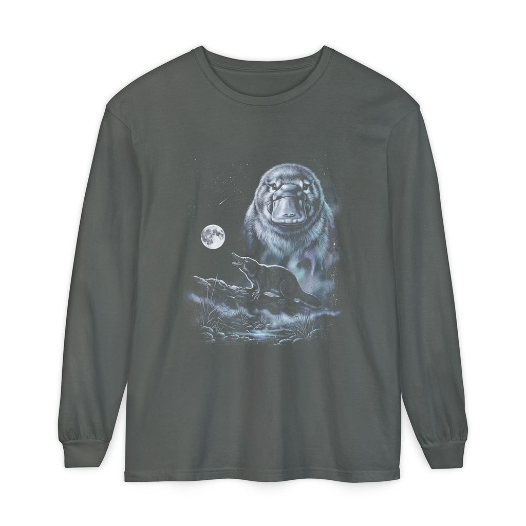 Airbrushed platypus howling at a full moon in cold monochrome moonlight, white and silver on black, 1990s poster style.