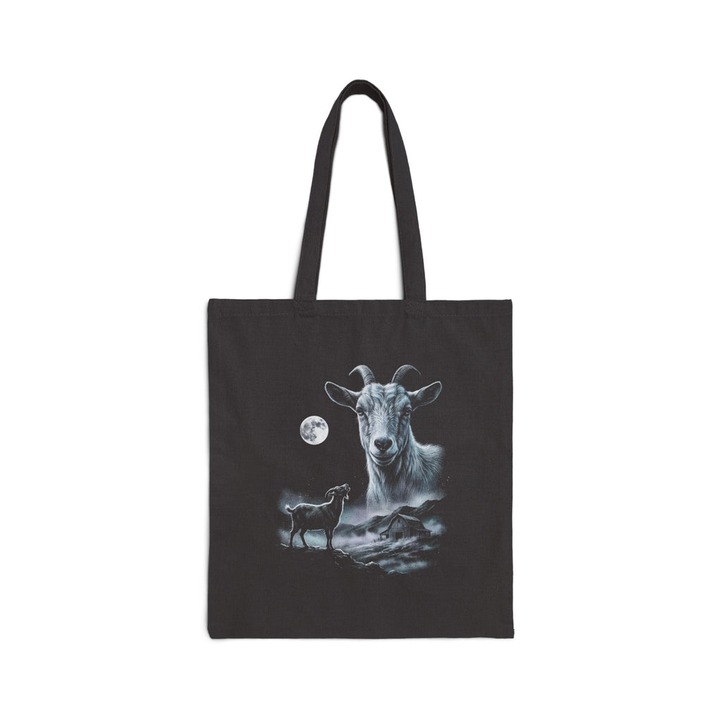 Airbrushed goat howling at a full moon in cold monochrome moonlight, 1990s nature-tee style, on black canvas tote.