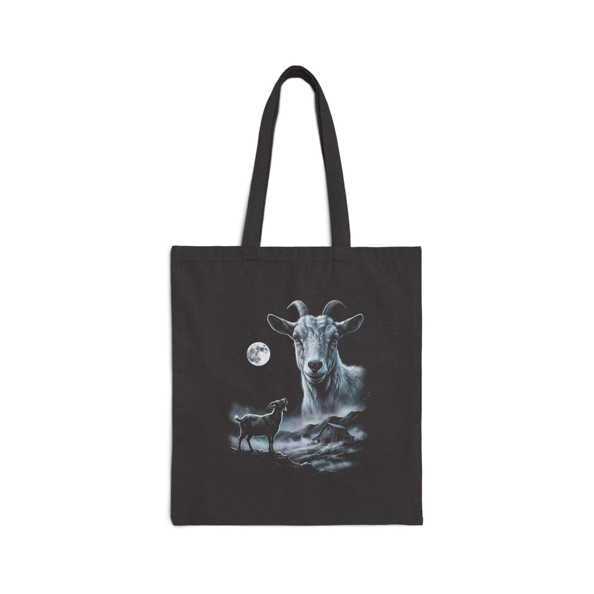 Airbrushed goat howling at a full moon in cold monochrome moonlight, 1990s nature-tee style, on black canvas tote.