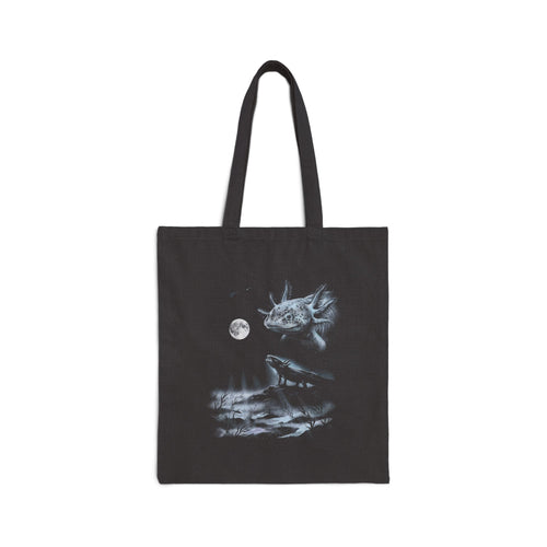 Airbrushed 1990s-style axolotl howling at a moon in icy blue-grey moonlight on black background.
