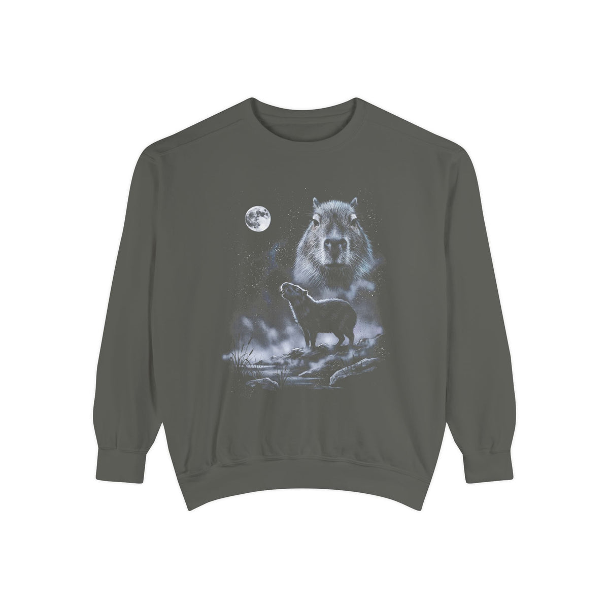 Retro airbrushed capybara howling at the moon in cold moonlight tones on black, 1990s nature-tee style.
