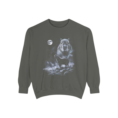 Retro airbrushed capybara howling at the moon in cold moonlight tones on black, 1990s nature-tee style.