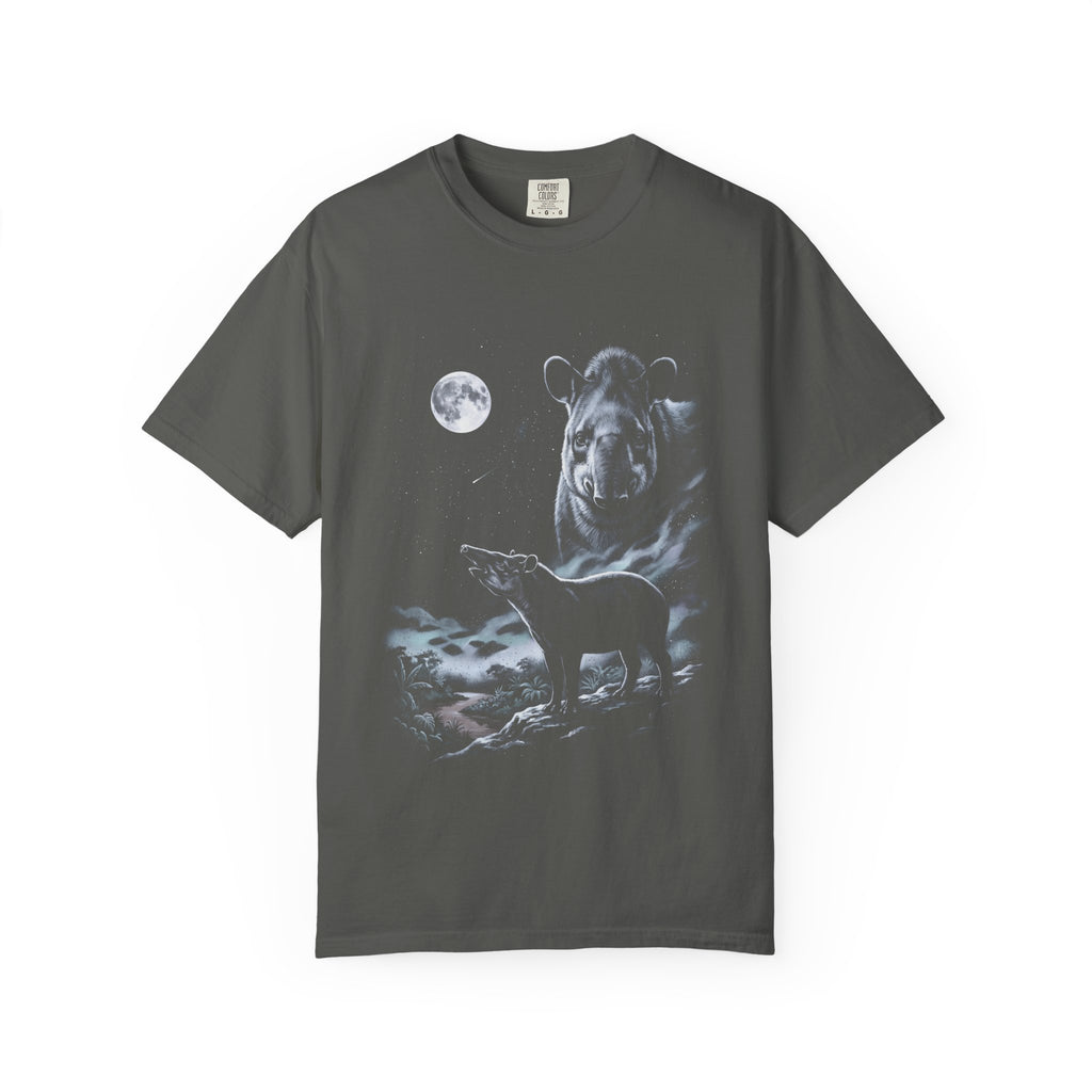 Airbrushed 90s-style tapir howling at a cold, near-monochrome moon in silver, ash grey, and ice blue on black.