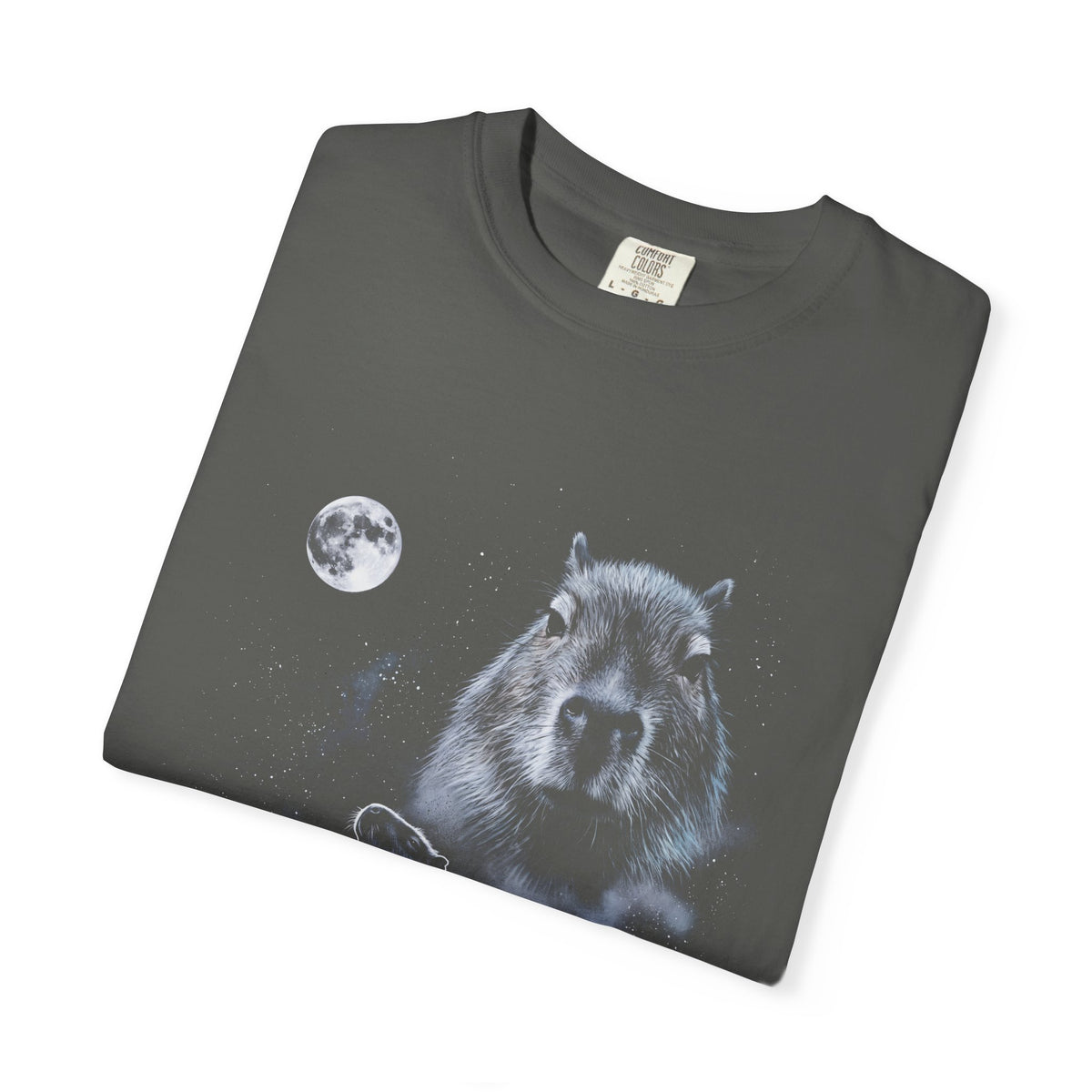 Airbrushed 90s-style art of a capybara howling at a full moon, cold blue-white tones on black.