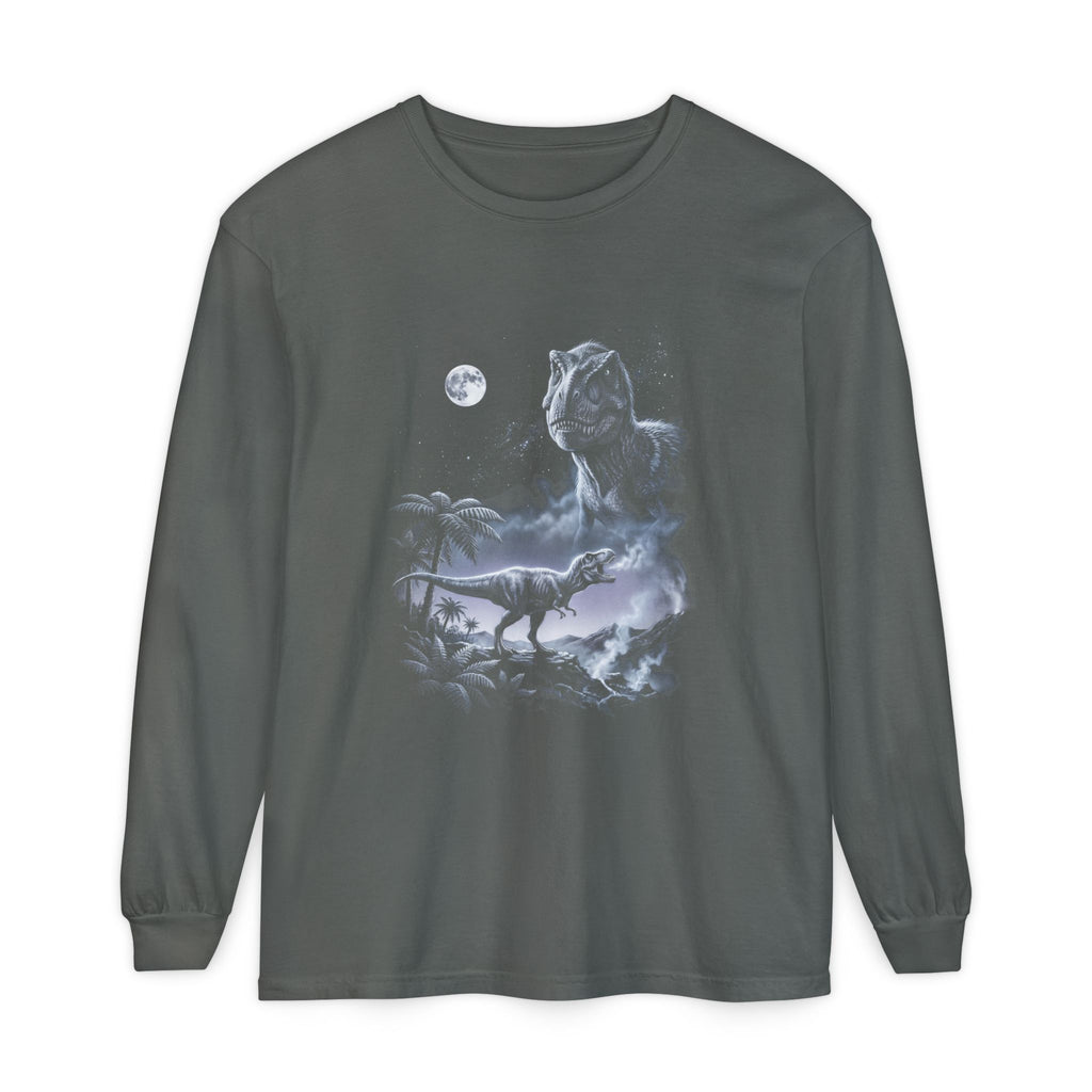 Airbrushed t-rex howling at a pale moon in cold white, grey and ice-blue tones on black, 1990s nature-tee style.