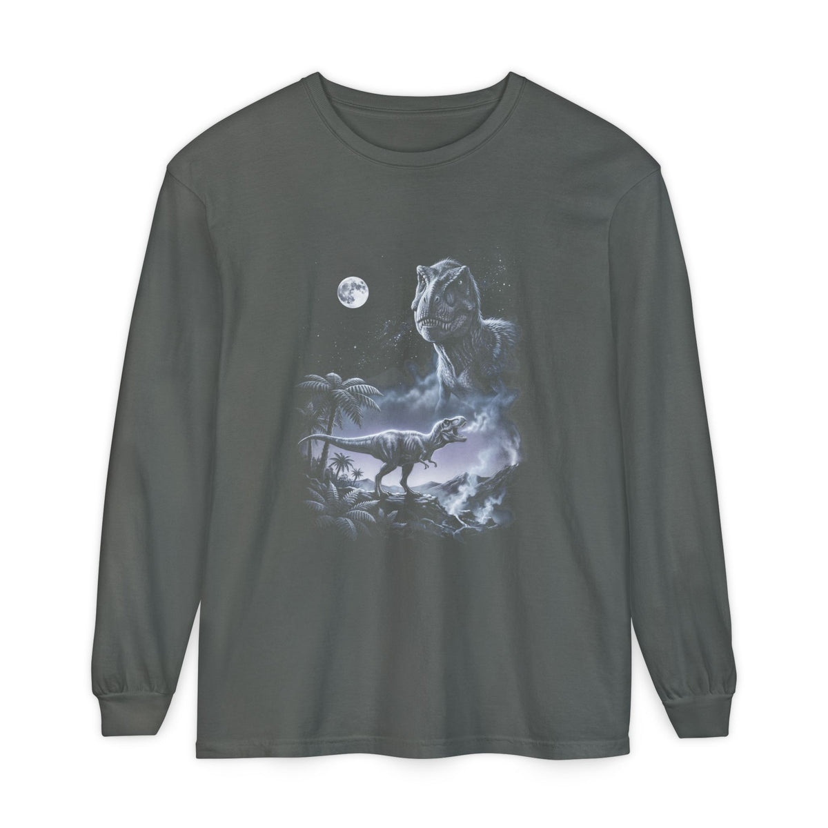 Airbrushed t-rex howling at a pale moon in cold white, grey and ice-blue tones on black, 1990s nature-tee style.