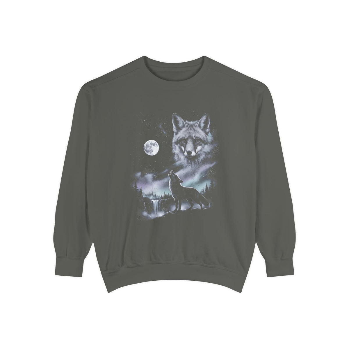 Airbrushed fox howling at the moon in cold white, silver, and ice-blue tones on black, 1990s nature-tee style.