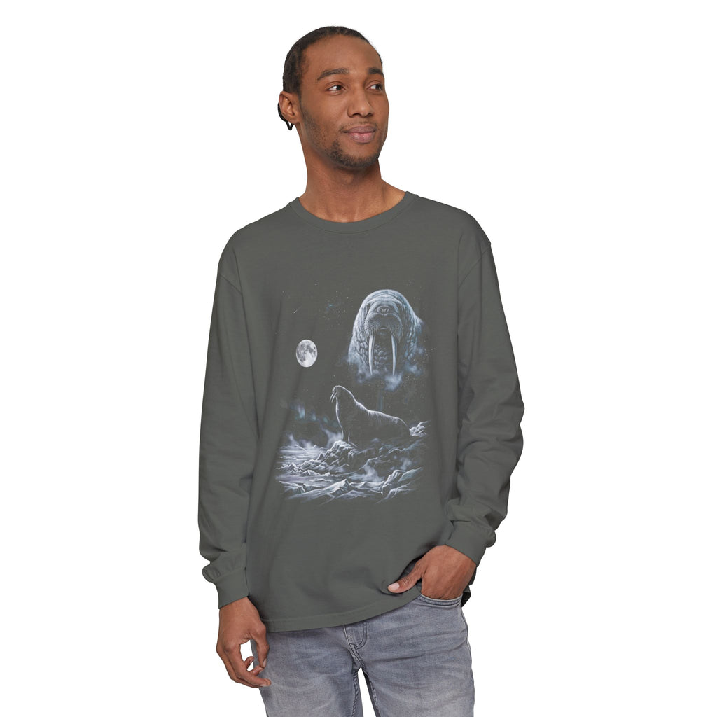 1990s airbrush-style walrus howling at a moon in icy white, silver, and pale blue against black.