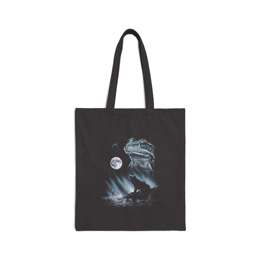 Retro airbrushed frog howling at the moon in icy blues, silver and grey on black, 1990s nature-tee style.