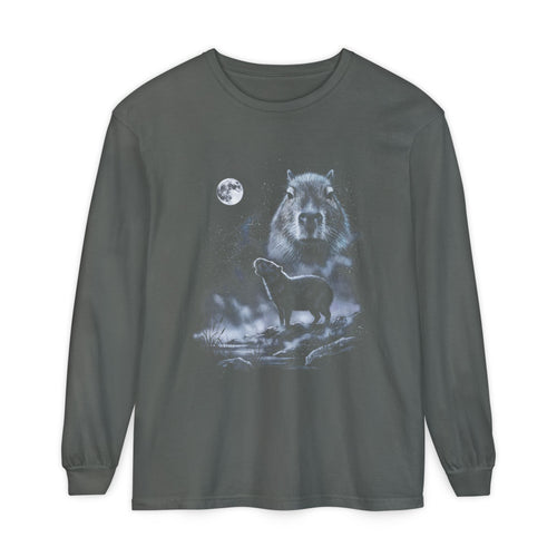 Airbrushed 90s-style art of a capybara howling at the moon in cold monochrome blues, greys, and violet on black.