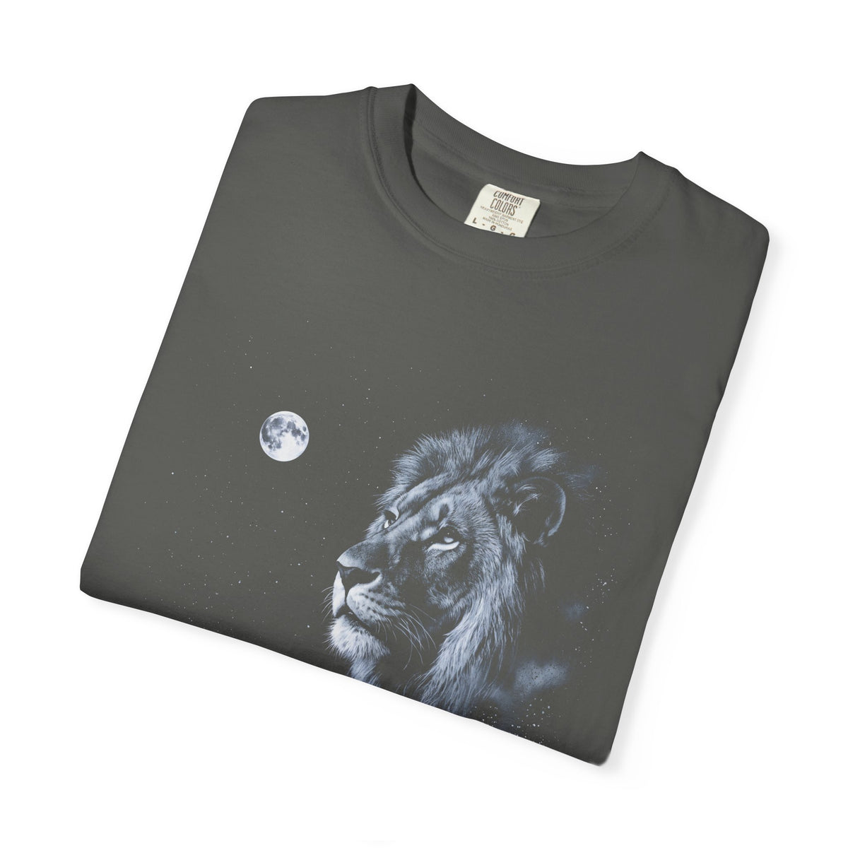 Airbrushed 1990s-style art of a lion howling at the moon in cold white, silver, and ice-blue tones on black.