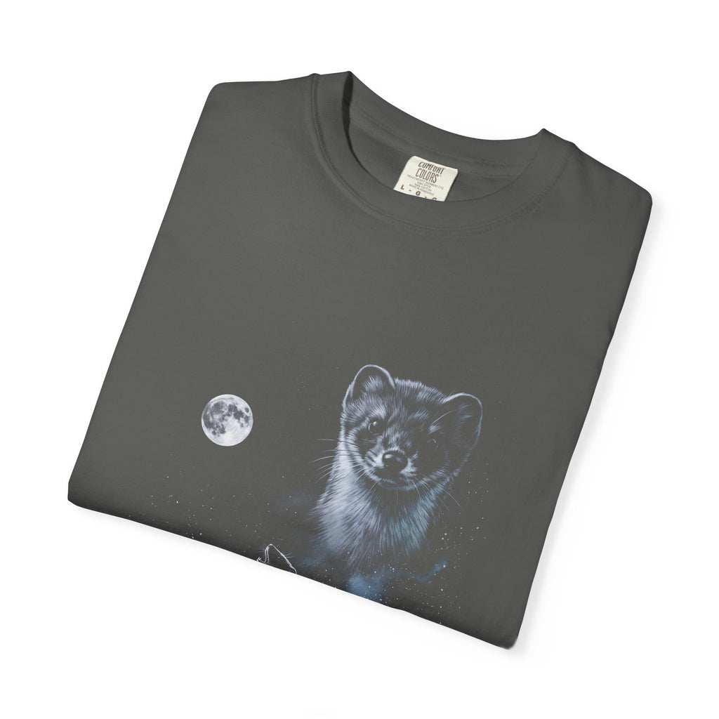 Airbrushed weasel howling at a moon in cold whites, greys, and icy blue on black, in retro 1990s nature-tee style.