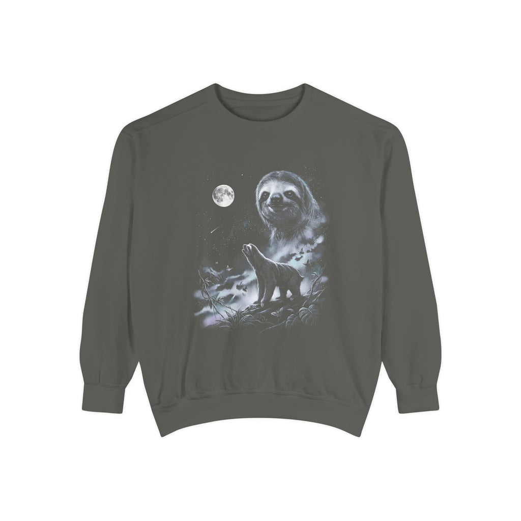 Airbrushed monochrome art of a sloth howling at a full moon, cold blues and grays, 1990s nature-tee style.