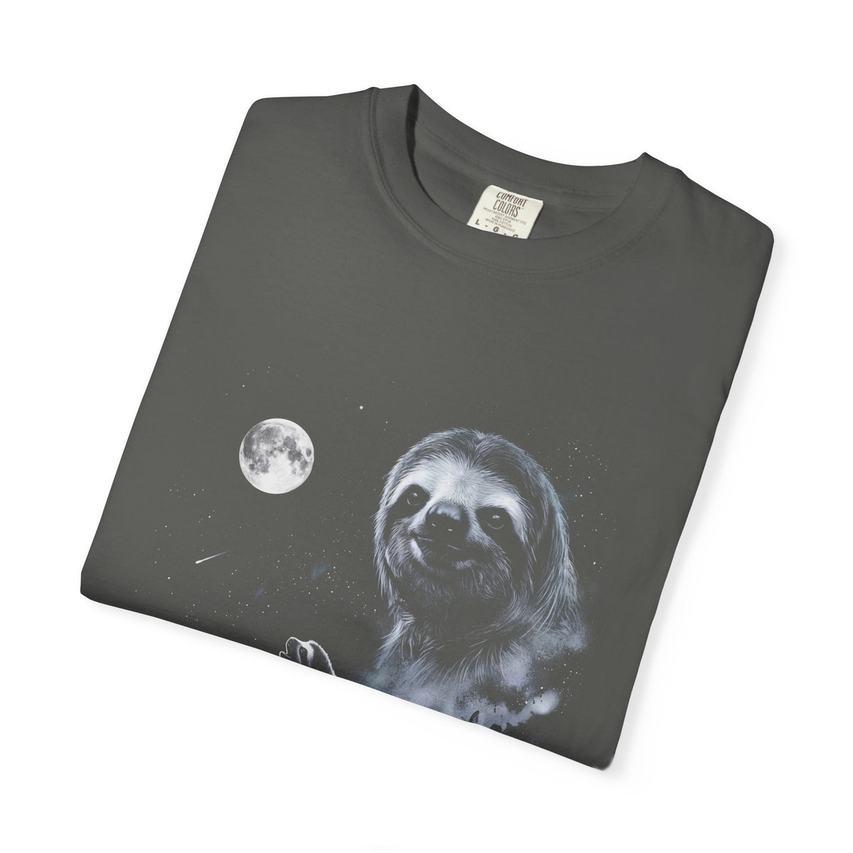 Airbrushed sloth howling at a cold moon in white, silver and ice blue against black, 1990s nature-tee style.