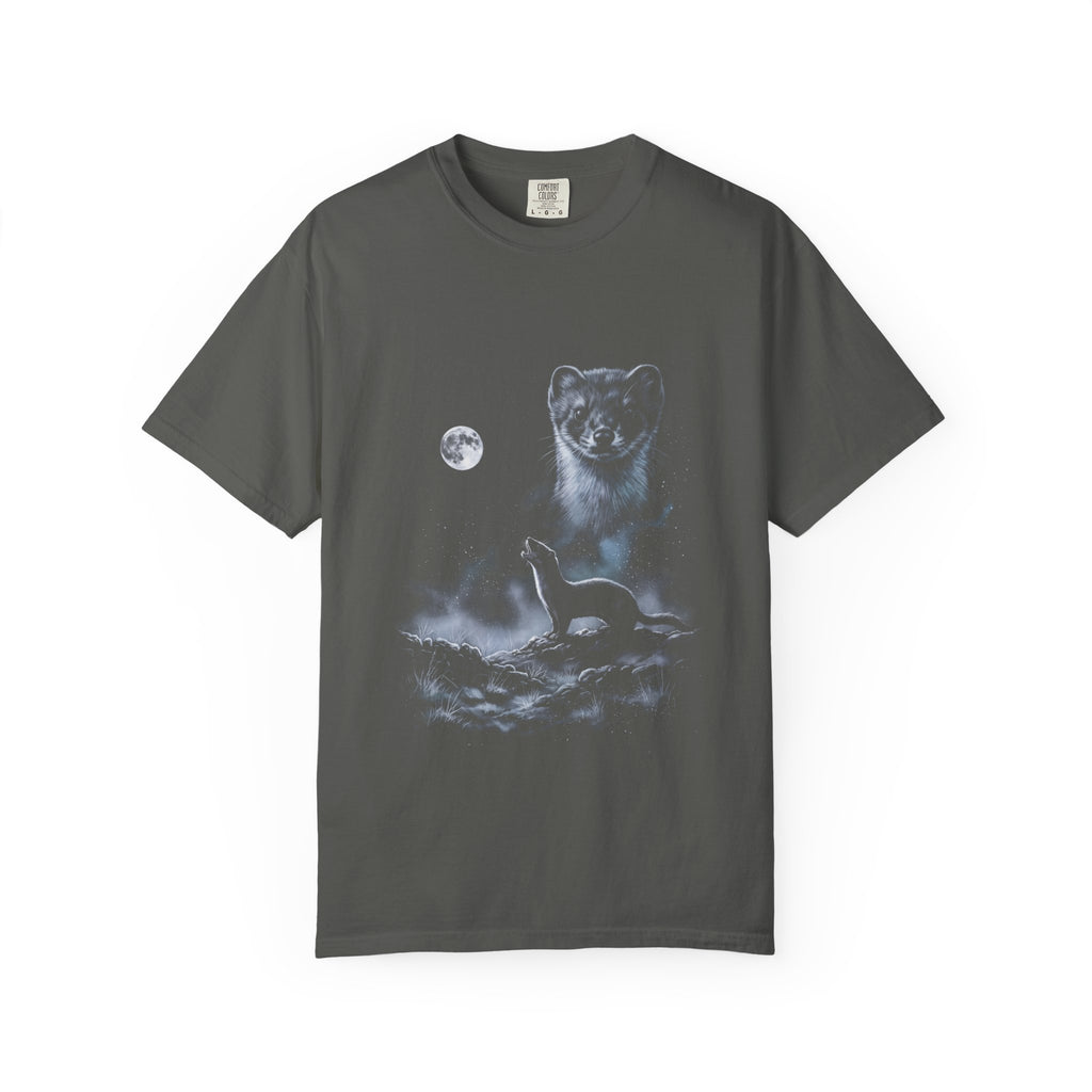 Airbrushed weasel howling at a moon in cold whites, greys, and icy blue on black, in retro 1990s nature-tee style.