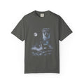 Airbrushed weasel howling at a moon in cold whites, greys, and icy blue on black, in retro 1990s nature-tee style.