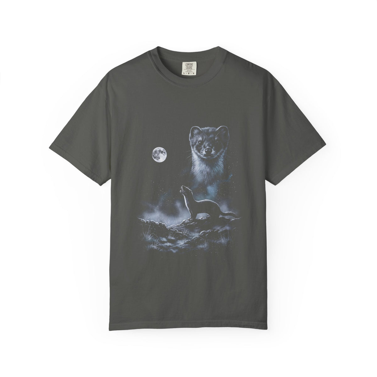 Airbrushed weasel howling at a moon in cold whites, greys, and icy blue on black, in retro 1990s nature-tee style.