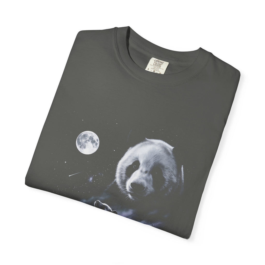 Airbrushed 1990s-style art of a panda howling at the moon in cold white, silver, and ice-blue tones on black.
