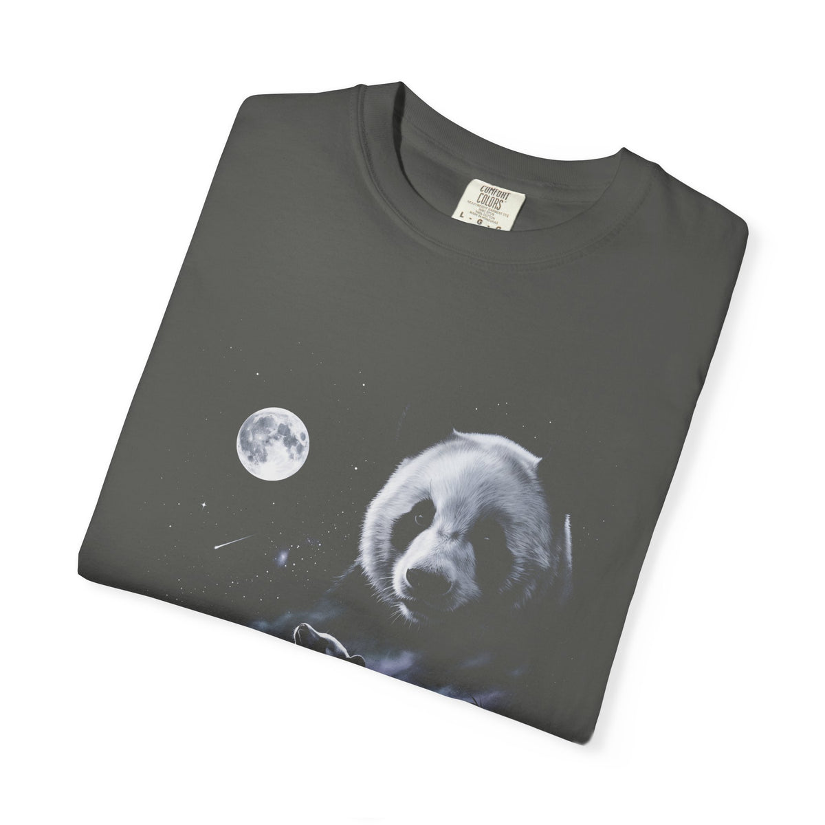 Airbrushed 1990s-style art of a panda howling at the moon in cold white, silver, and ice-blue tones on black.
