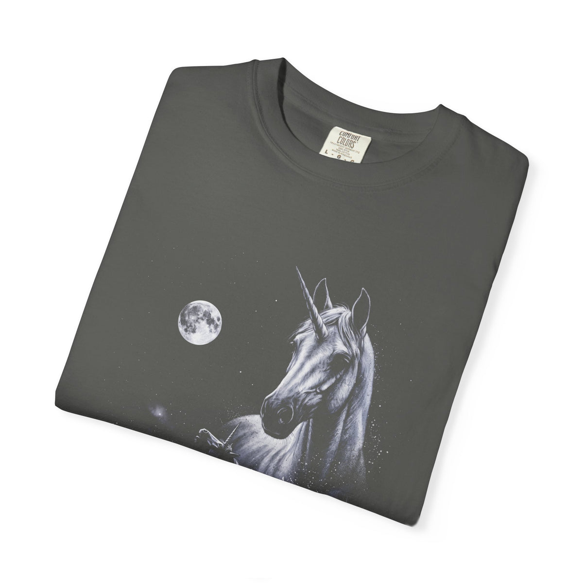 Airbrushed illustration of a unicorn howling at a full moon in white, silver, and ice-blue tones on black.